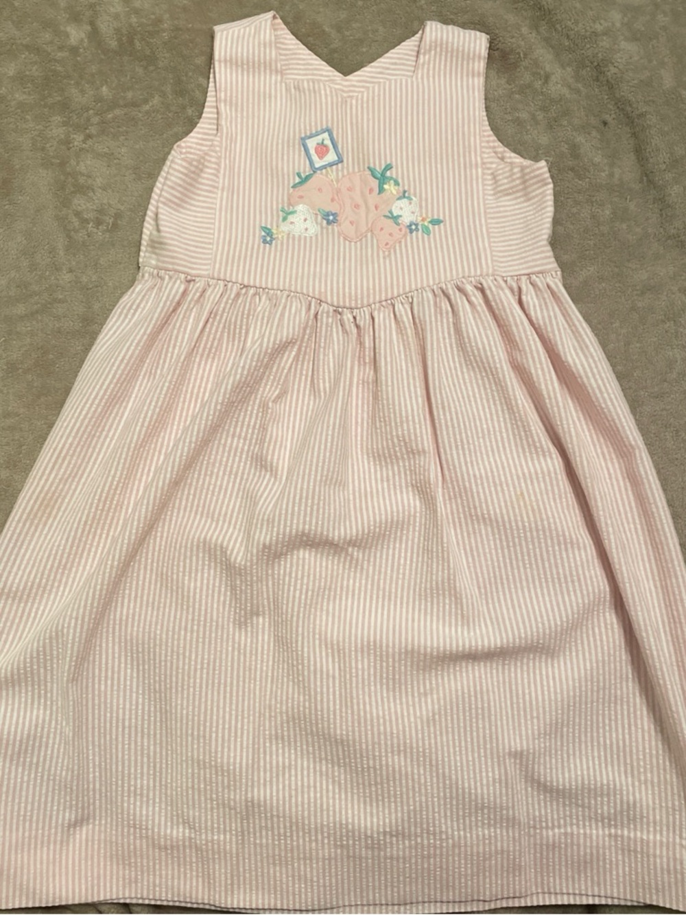 Pink Striped Sleeveless Girls' Dress with Floral Appliqué